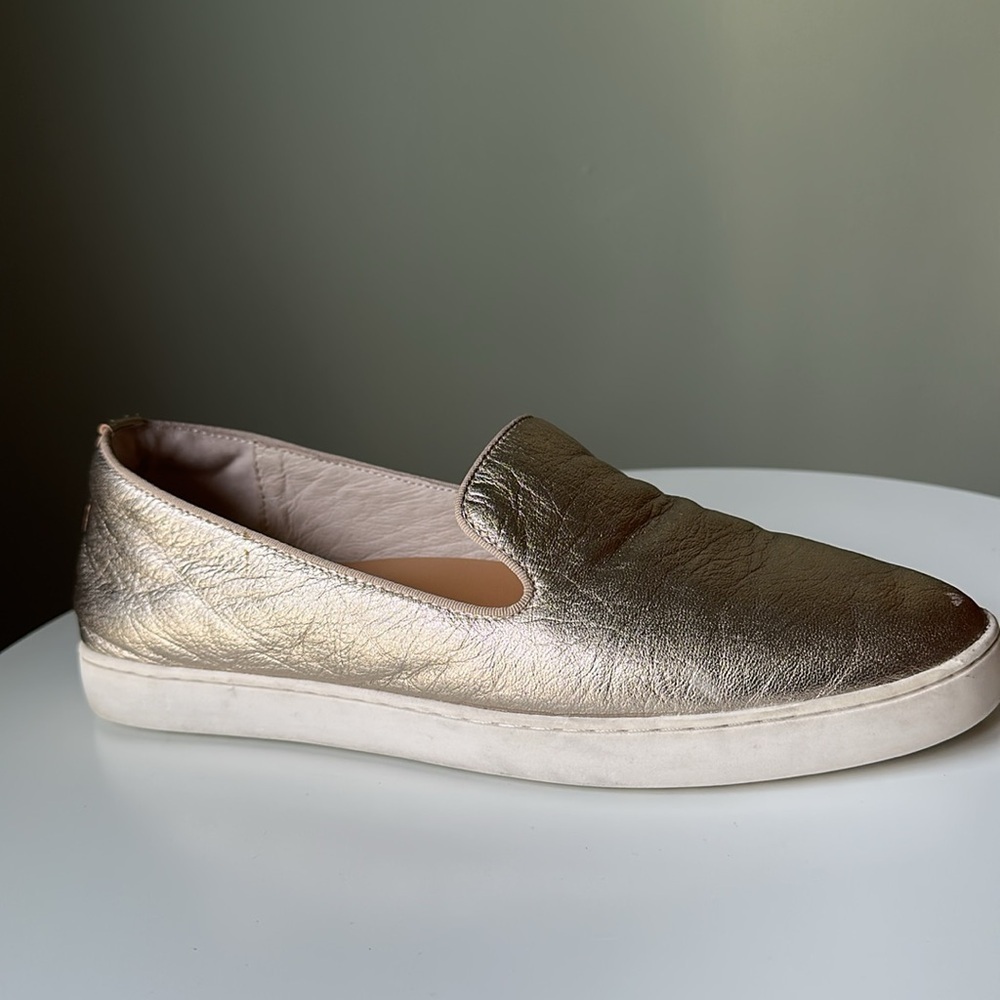 Birdies The Swift Gold Metallic Leather Slip On Sneakers Orthotic Friendly Comfy